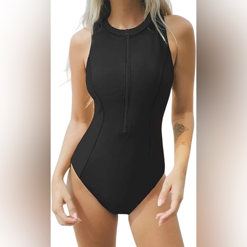 Cupshe One Piece High Neck Sleeveless Zipper T-Splice Slimming Swimsuit - Picture 2 of 6